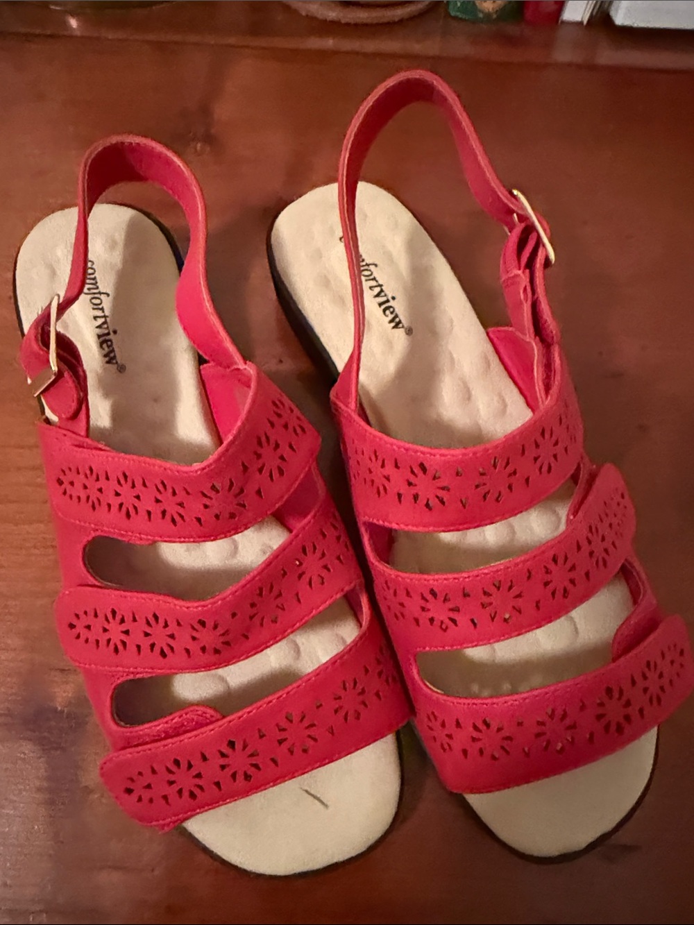 comfortview Red Laser-Cut Slingback Sandals